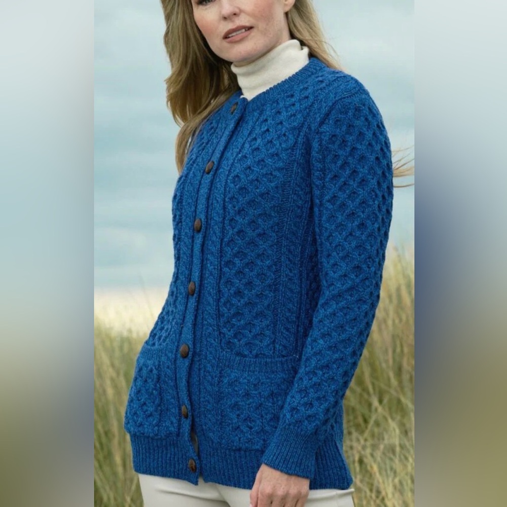 NWT Aran Crafts Women's Lumber Cardigan | Blue Marl Merino Wool Size XXL